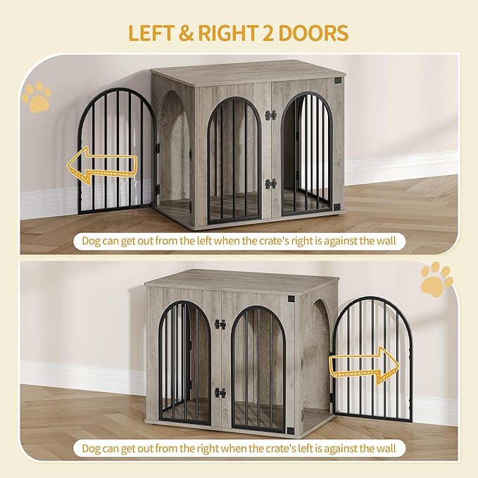 26.8'' Wooden Dog Crate Furniture, Indoor Dog Kennel Dogs Cage for Small Dogs, Heavy Duty Dog Crates Decorative Pet House End Side Table TV Stand, Greige DFC85505B