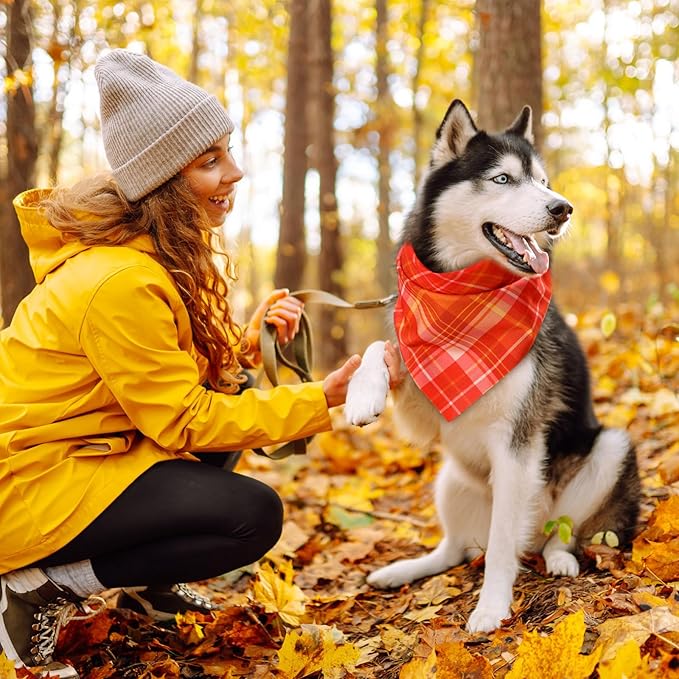 Weewooday 50 Pcs Thanksgiving Fall Dog Bandanas Bulk Plaid Bandanas for Dogs Autumn Soft Doggie Bibs Triangle Scarves for Small Medium Large Pet Costume(Plaid Pattern, 31.5 x 21.7 X21.7 Inch)