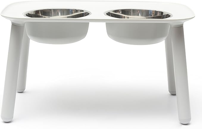Messy Mutts Elevated Double Feeder with Stainless Bowls | Adjustable Height 3”, 5”, or 10” | Adjustable Standing Feeder for Dogs | 5 Cups per Bowl | Light Grey