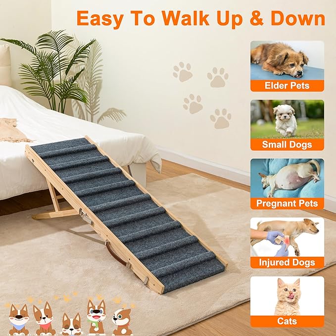 Clikuutory 2025 Upgraded Dog Ramp for Couch, 47.2" Foldable Small Dog Ramp for Bed, 4 Adjustable Height from 14" to 26", Portable Stable Pet Steps with Anti-Slip Carpet for Low Bed Couch Stairs, Wood