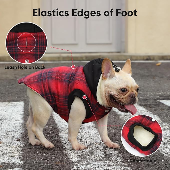 Fleece Lining Dog Hoodie for Small Dogs Extra Warm Plaid Sweater with Drawstring Hooded Coats in Winter Puppy Jacket,Red M