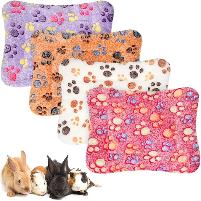 Haull 4 Pcs Waterproof Guinea Pig Bedding Winter Guinea Pig Bed Plush Cage Liners Soft Dog Cat Mat Reversible Winter Cozy Animal Pee Pad Hamster Bed Mat for Bunny(Paw,13 x 10 Inch)