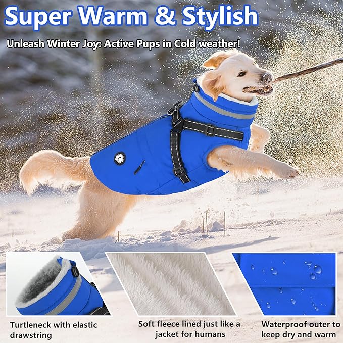 Dogcheer Dog Coat, Waterproof Dog Winter Jacket with Harness, Reflective Adjustable Doggy Cold Weather Coats, Christmas Pet Fleece Snowsuit for Small Medium Large Dogs - Blue, S