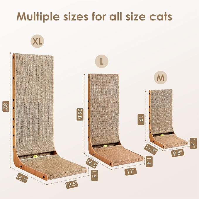 EHEYCIGA Cardboard Cat Scratcher for Indoor Cats, 26.8 Inch L Shaped Vertical Cat Scratching Board with Ball Cat Toy, Large Cat Scratcher Pad, Brown