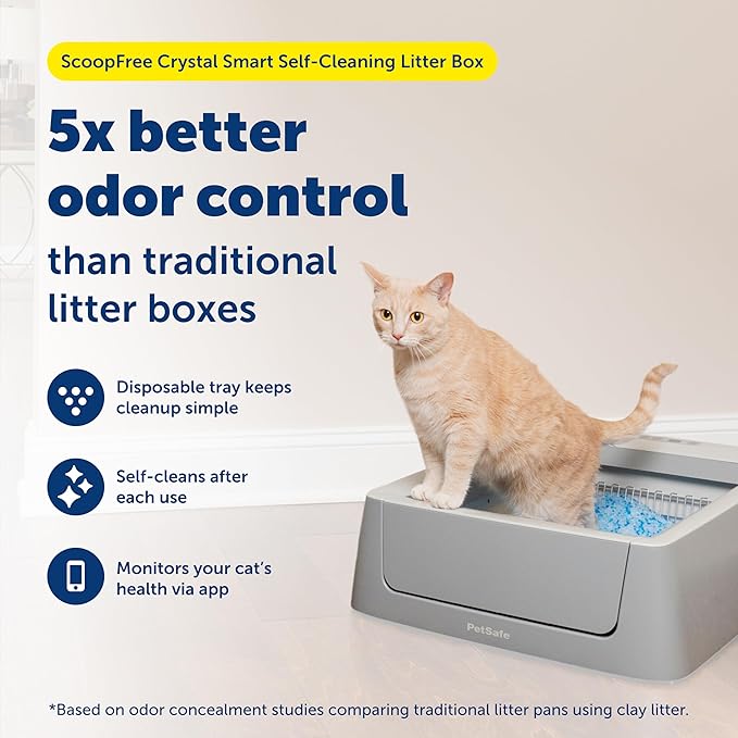 PetSafe ScoopFree Crystal Smart Self-Cleaning Automatic Litter Box - Uncovered Motion-Sensing Cat Box with Integrated Health Counter & App - Includes 1 Disposable Crystal Litter Tray