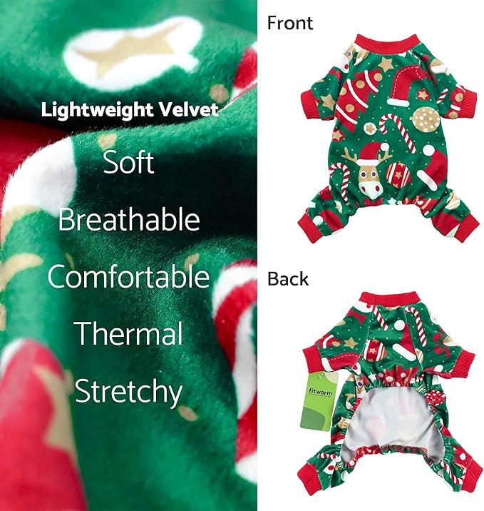 Fitwarm Christmas Dog Pajamas, Dog Winter Clothes for Small Dogs Boy Girl, Lightweight Velvet Pet Jammies, Red, Green, Small