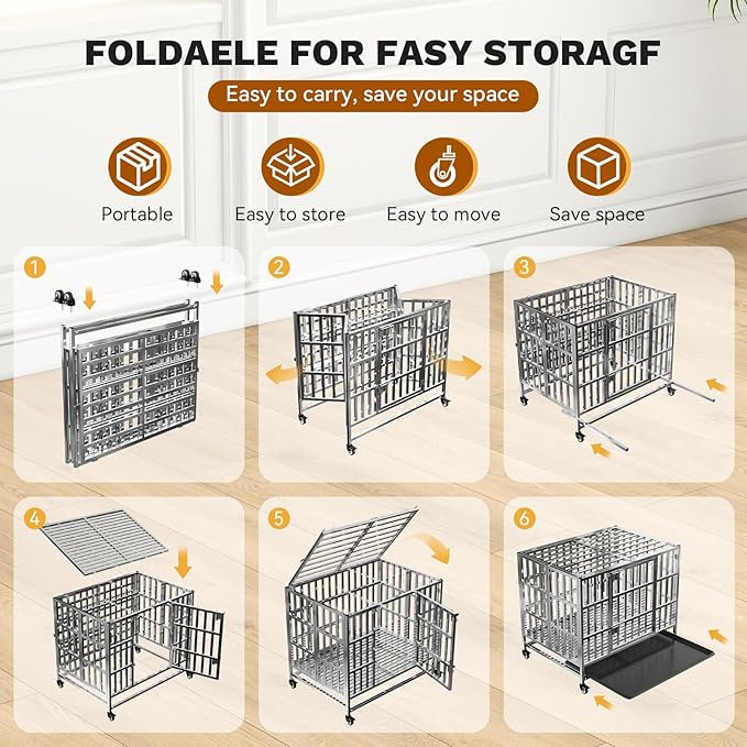 37" Heavy Duty Dog Crates for Large Dogs, Upgraded 4 Lockable Wheels, Stainless Steel Kennel Dog Kennel Indoor, Max Load 300Lbs, Easy to Clean, Escape Proof, XL Dog Cage for High Anxiety Dogs