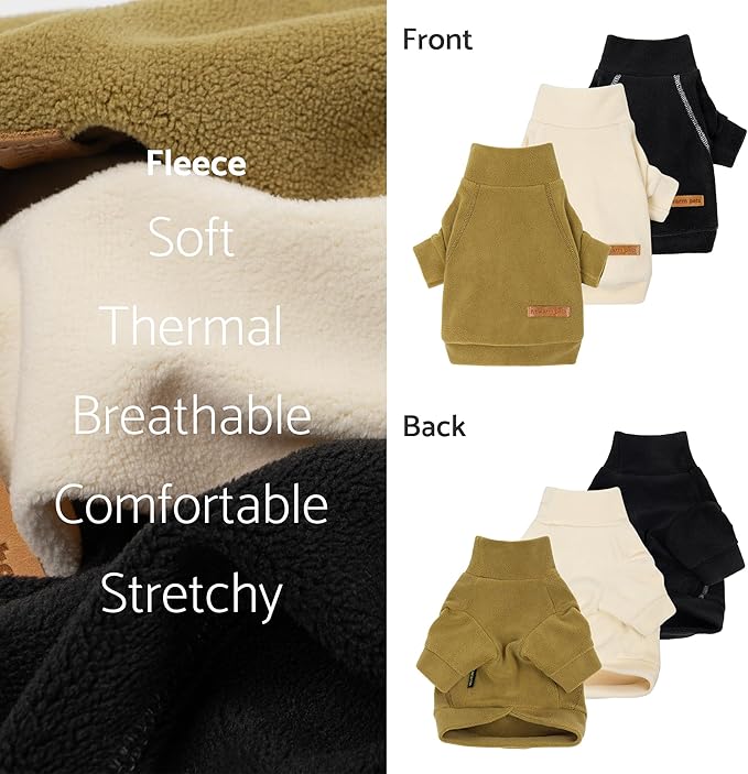 Fitwarm 3 Pack Classic Fleece Dog Sweater, Winter Clothes for Small Dogs Boy Girl, Turtleneck Dog Sweatshirt, Pet Pullover Jumper, Cat Apparel, Black, Olive Green, Cream, Small