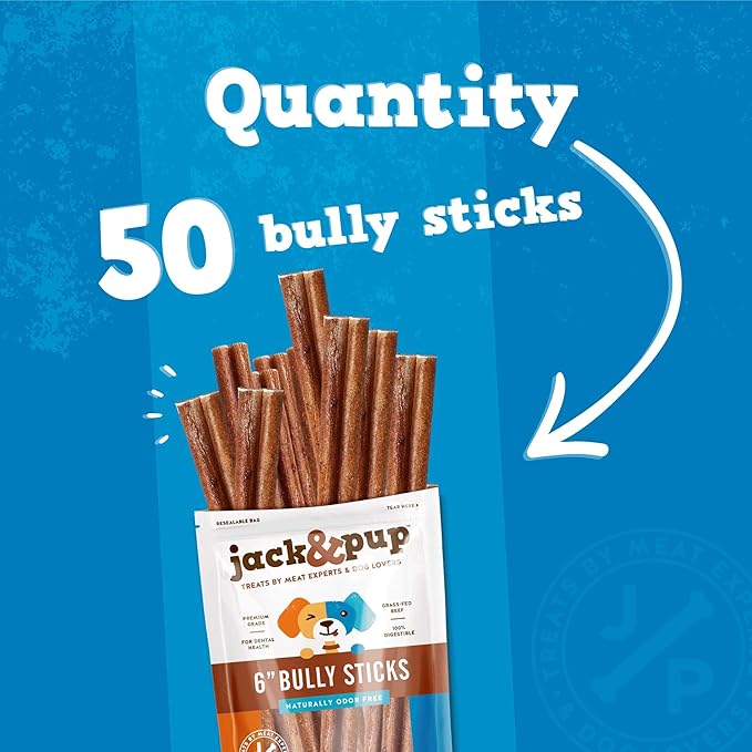 Jack&Pup 6 Inch Bully Sticks for Medium Dogs, Dog Bully Sticks for Small Dogs-6" Bully Sticks for Puppies Bully Sticks Odor Free Long Lasting Dog Chews, Beef Bully Stick (6 Inch Bully Sticks 50 Pack)