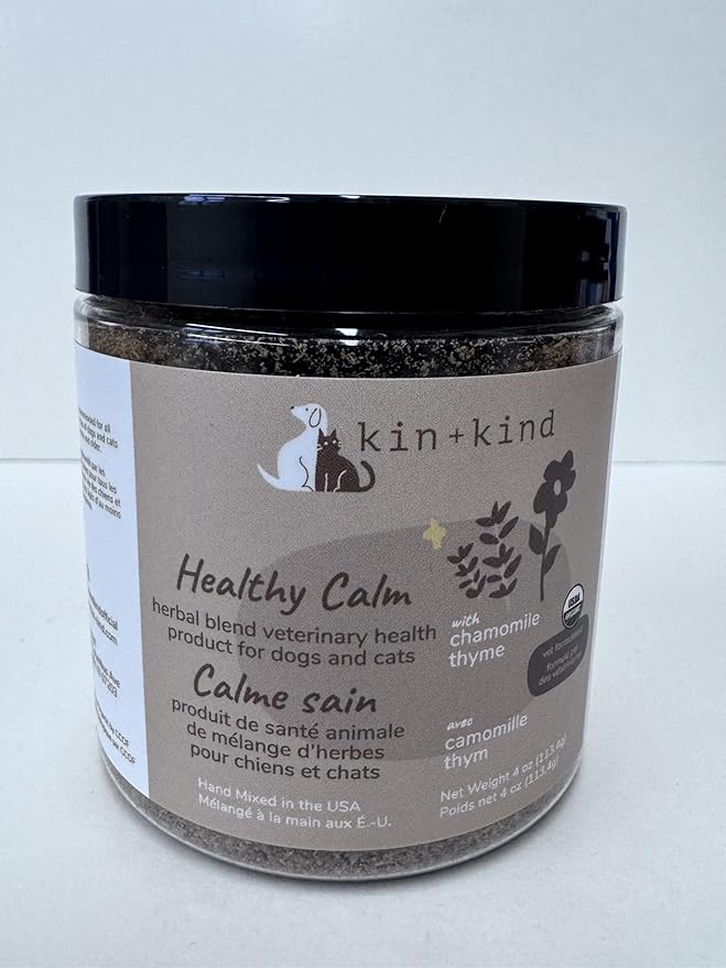 kin+kind Healthy Calm Supplement for Dogs & Cats - Vet Formulated Natural Formula with Organic Chamomile, Thyme, Apple Pomace, Ginger and Coconut- Made in USA - 4 oz (Medium)