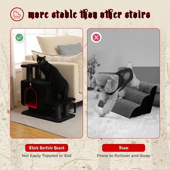 Gothic 3-in-1 Dog Stairs & Cat Scratching Post with Condo - Pet Steps for High Beds, Sofa & Couch, 3-Tier Cat Tower with Sisal Scratching Pad for Small Dogs, Cats & Kittens, Black