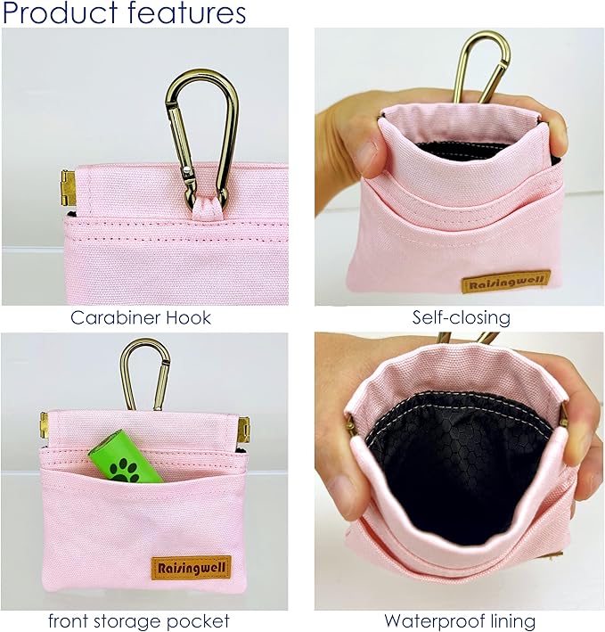 Dog Treat Pouch, Small Cotton Pocket Sized Training Holder, Hand Free Walking Fanny Bag with Carabiner, Self-Closing Pet Feed Snack Reward, Behavior Aids for Puppy Travel or Outdoor (Pink)