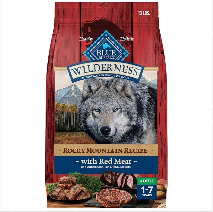 Blue Buffalo Wilderness High-Protein Rocky Mountain Recipe Dry Food for Adult Dogs, Red Meat & Grains, 13-lb. Bag