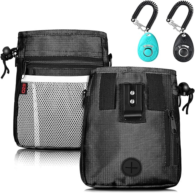 Dog Treat Pouch - 3 Ways to Wear Treat Pouches for Pet Training and 2 Pieces Clicker Taining for Dogs, Dog Training Treat Pouch Bag and Dog Clicker for Training with Waist Belt Shoulder Strap - Black