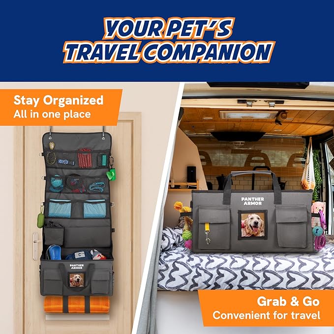 Panther Armor Dog Travel Bag- Hanging Dog Organizer & Pet Storage Tote Bag for Supplies, Waterproof Door Storage & Closet Organizer, Food & Treat Container for Travel Accessories