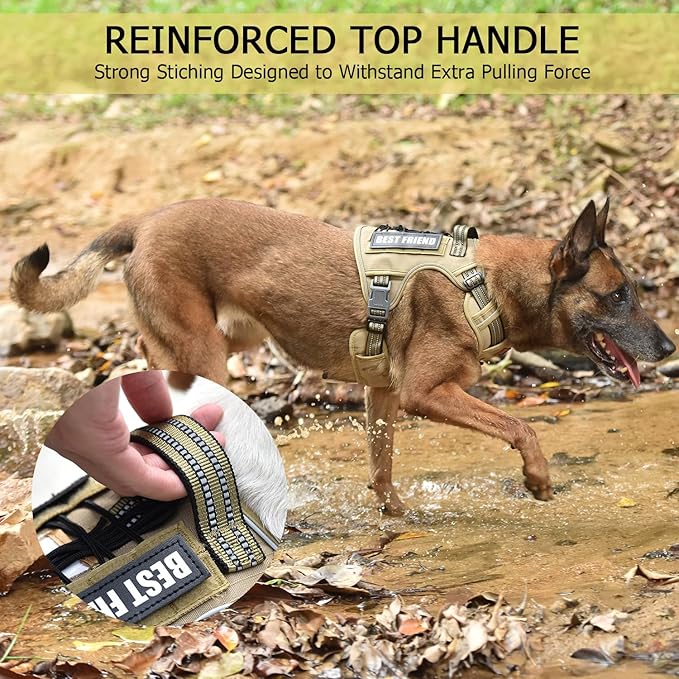 PET MARVEL Tactical Dog Harness for Large Size, No Pull Military Dog Vest with Easy Control Handle, Molle Hoop & Loop, Adjustable Reflective Reinforced Stich for Walking Training, Brown
