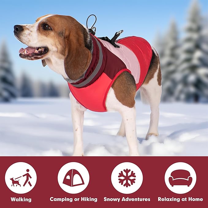 azuza Dog Jacket for Medium Dogs Waterproof Dog Coat with Reflective Strips and Harness Built in Warm Fleece Dogs Winter Coat Windproof with Back Zipper, Red 2XL
