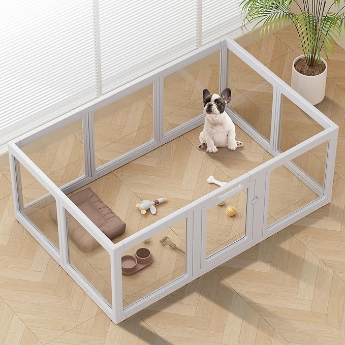 Clear Acrylic Dog Playpen Indoor, Puppy Cat Small Pet Play Pen, Pet Cat Foldable Playpen for Rabbits, Dog Fence Crate Kennel Whelping Cage (Grey, 10 Panel)