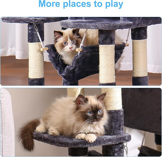 Hey-brother Multi-Level Cat Tree Condo Furniture with Sisal-Covered Scratching Posts, 2 Plush Condos, Perch Hammock for Kittens, Cats and Pets, Smoky Gray MPJ020-SG