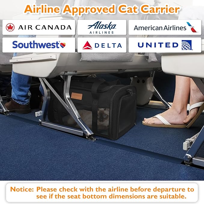 PETUX TSA Approved Pet Carrier in Cabin, 17"x11"x9.5" Soft Cat Carriers for Small Cat up to 12 lb, Top-Open Portable and Breathable Pet Carrier Airline Approved for Travel and Vet Visit, Black
