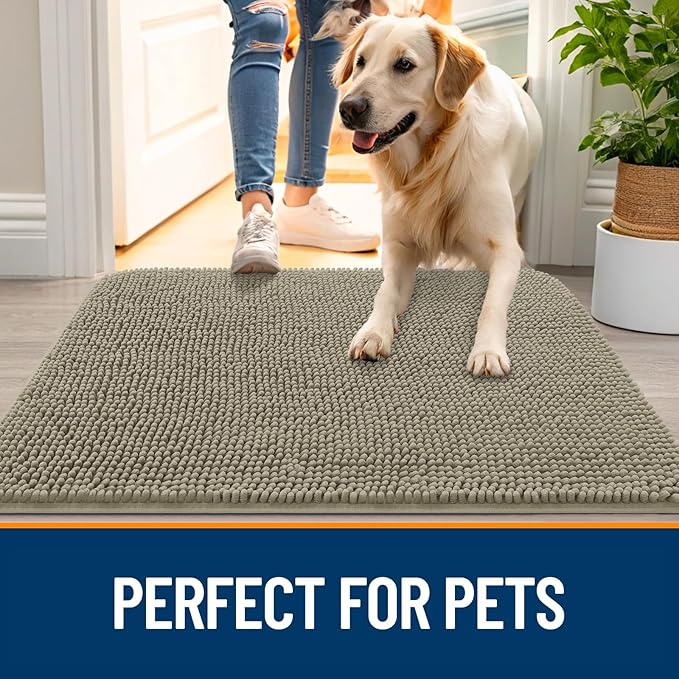 OLANLY Dog Door Mat for Muddy Paws 36x24, Absorbs Moisture and Dirt, Absorbent Non-Slip Washable Doormat, Quick Dry Chenille Mud Mat, Entry Indoor Entryway Carpet for Inside Floor, Warm Taupe