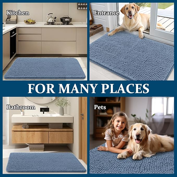 OLANLY Dog Door Mat for Muddy Paws 40x32, Absorbs Moisture and Dirt, Absorbent Non-Slip Washable Doormat, Quick Dry Chenille Mud Mat for Dogs, Entry Indoor Entryway Carpet for Inside Floor, Airy Blue