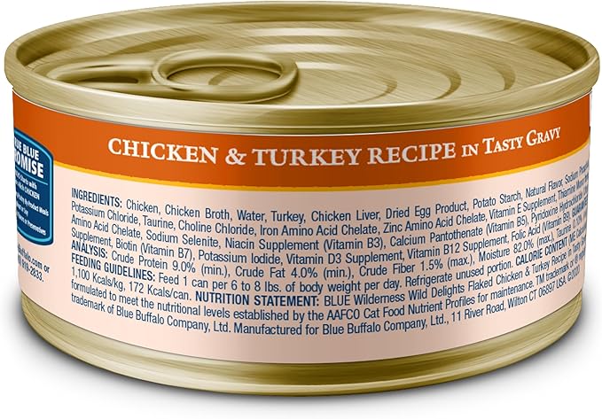 Blue Buffalo Wilderness Wild Delights Natural Wet Food for Cats, Flaked Chicken & Turkey in Tasty Gravy, 5.5-oz Cans, 24-pack