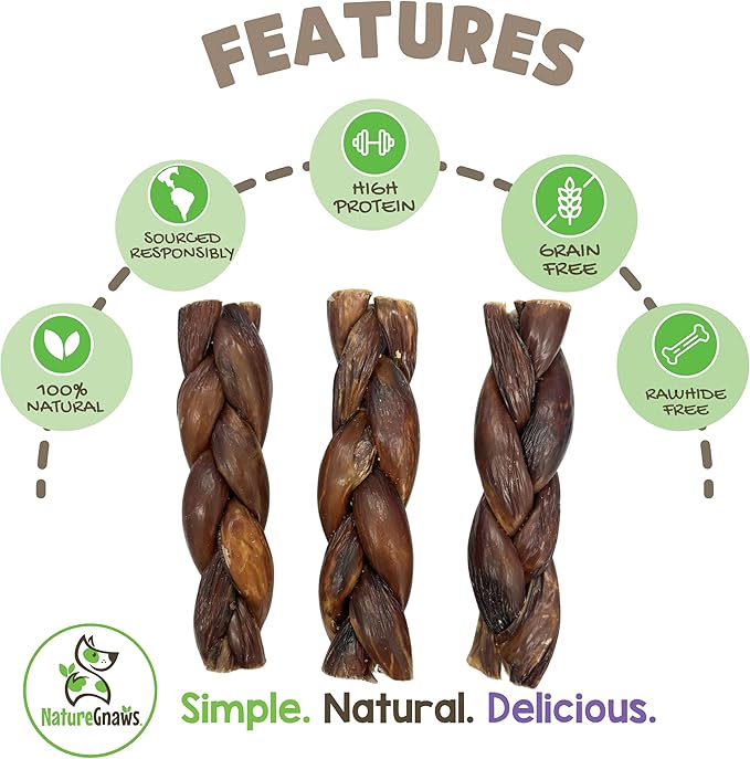 Nature Gnaws Braided Beef Gullet Chews for Dogs 5-6" (10 Count) - Long Lasting for Small and Medium Dogs - Natural Beef Jerky Dog Chew Bones