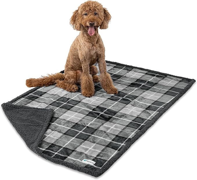 PetAmi Waterproof Dog Blanket for Medium Large Dog Puppy Cat Throw for Couch Cover Leakproof Protection, Sherpa Fleece, Reversible Soft Washable 60x40 Plaid Charcoal Gray