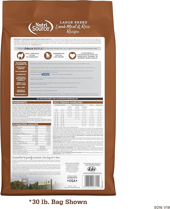 NutriSource Adult Dog Food, Made with Lamb Meal and Rice, Large Breed, with Wholesome Grains, 30LB, Dry Dog Food