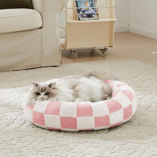 Checkered Cat Dog Bed, Cute Girly Pink Retro Style Aesthetic Round Warming Pet Calming Beds for Small Dog and Cats, Plush Cozy Donut Beds Washable, 23" L x 23" W x 8" Th