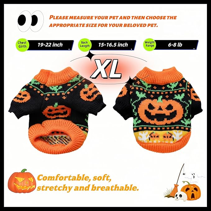 Halloween Pumpkin Dog Sweater, Knit Pet Costume, Orange and Black Fall Winter Outfit for Small Dogs and Cats (XLarge)