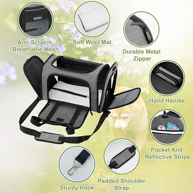 Soundy Large Cat Carrier Dog Carrier Under 25 Lbs,Collapsible Ventilated Portable Pet Bag with Soft Sided Breathable Mesh for Long Car Trips Maxi Load 2 Kittens or Small, Medium Dog (Large Grey)