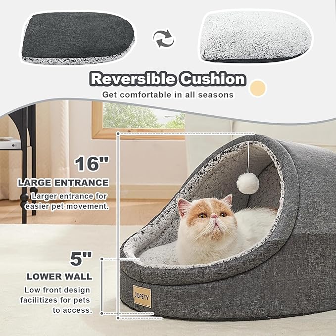 Jiupety Cute Cat Beds for Indoor Cats, Cat Cave Bed for Kittens, Burrowing Puppy Bed with Anti-Slip Bottom, Washable Removable Cushion, L(19"x17"x16"), Dark Gray
