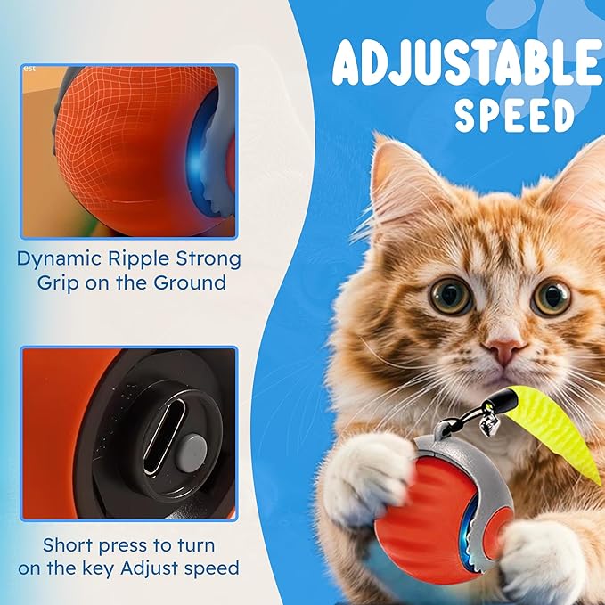 Smart Cat Toy Balls – Speedy 3.0 Interactive Ball with Tail, Automatic Rolling, Two Speed Modes, USB Rechargeable, Indoor Enrichment Toy for Bored Cats (Orange)