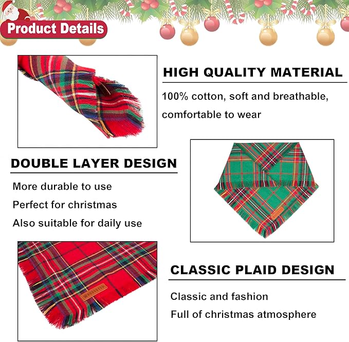 ADOGGYGO 2 Pack Dog Bandana Christmas with Tassels Edges, Stylish Red Green Plaid Pet Scarf Bibs Kerchief, Premium Cotton Fabric, Pet Christmas Bandanas for Large X-Large Dogs (X-Large)