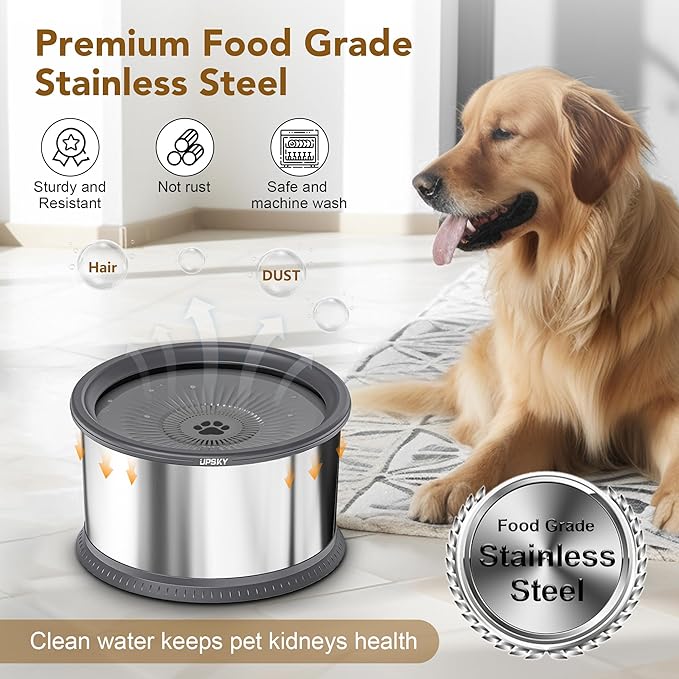 UPSKY 6.5L Dog Water Bowl,1.6 Gallon Super Large Capacity No Spill Dog Water Bowl,Stainless Steel Spill Proof Slow Water Feeder,No Splash Water Bowl with Anti-Slip Mat for Messy Drinkers Grey