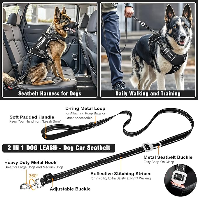 Tactical Dog Harness and Leash Set Medium Sized Dog,Heavy Duty No Pull Service Dog Vest and 10 Patches with Dog Seat Belt,Reflective Adjustable Pet Harness for Training Walking Hiking Black M