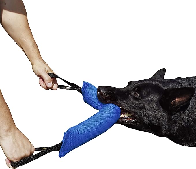 Dingo Gear French Linen tug Toy for Dog, Bumper Toy for Training, Agility, tug of war, bite Pillow for Strong Dog, 2handles 18in Blue S00067