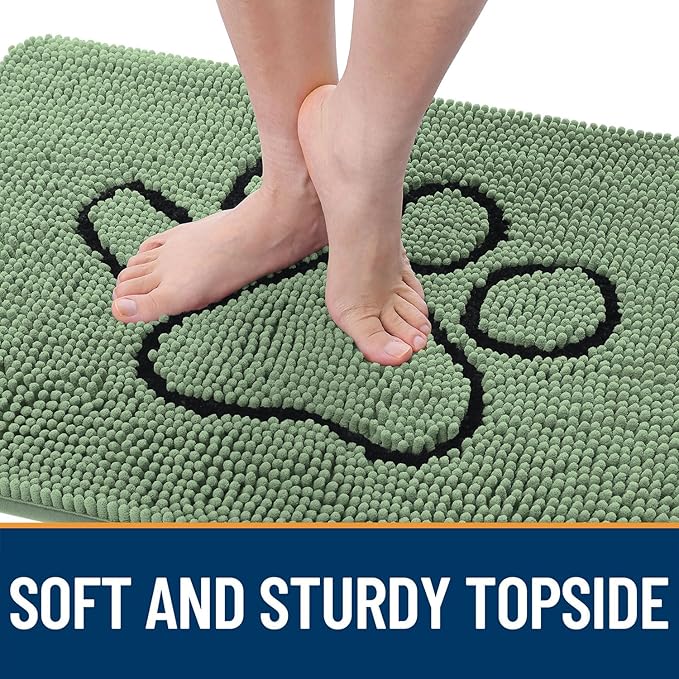 OLANLY Dog Door Mat for Muddy Paws 30x20, Paw Print Design, Absorbs Moisture and Dirt, Non-Slip Washable Doormat, Quick Dry Chenille Mud Mat, Entry Indoor Entryway Carpet, Olive Green and Black