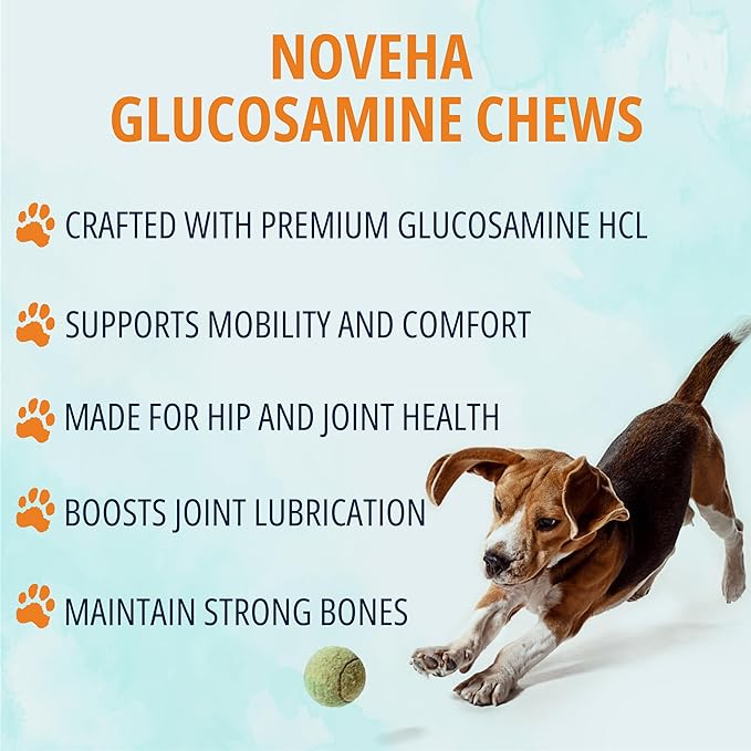 NOVEHA Dog Glucosamine Chews | Hip and Joint MSM Formula for Dogs Joint Care | Senior Pet Joint Health Supplement | Premium Glucosamine and Chondroitin for All Breeds | 90 Soft Chews; Chicken Flavor