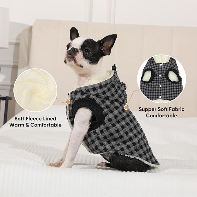 Fleece Lining Dog Hoodie for Large Dogs Extra Warm Plaid Sweater with Drawstring Hooded Coats in Winter Doggie Jacket,Black XXXL