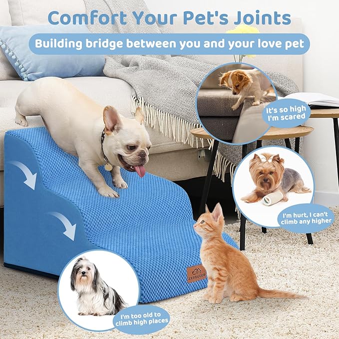 Dog Ramp and Stair for Bed 16" H-20 H,3-Step Cat Stair for Sofa and Chair,4-Step Dog Ramp for High Bed and Window,Durable Nonslip Fabric Cover for Indoor (Blue-20“H, Pet Friendly, 4)