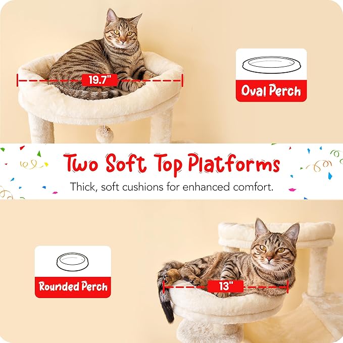 77-Inch Tall Cat Tree, Multi-Level Large Cat Tower with 4 Hammocks, 2 Padded Perches, Cat Condo, Sisal Scratching Posts and Hanging Toys for Adult Cats, Beige