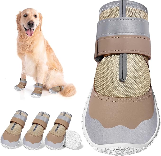 DcOaGt Dog Shoes Small Size Dogs,Mesh Breathable Dog Boots & Paw Protectors for Hot Pavement Summer Winter Snow, 360°Anti-Slip Dog Booties with Reflective Strips for Hiking/Walking,Khaki 4PCS(Size 1)
