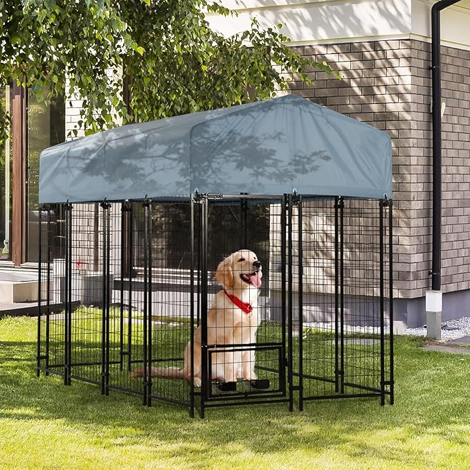 Dog Kennel Outside with Roof, 8'x4'x6' Outdoor Dog Kennels for Large Dogs, Heavty Duty Welded Dog Crate Playpen with UV-Resistant Waterproof Cover & Bowls
