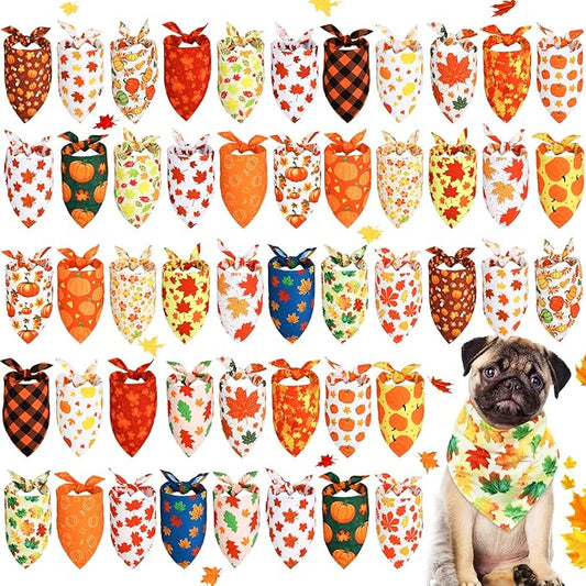 Sweetude 50 Pieces Thanksgiving Fall Dog Bandanas Bulk Pumpkin Maple Leaves Autumn Plaid Bandanas for Dogs Soft Bibs Triangle Scarves for Small Medium Large Pets Costume(31.5 x 21.7 x 21.7 Inch)