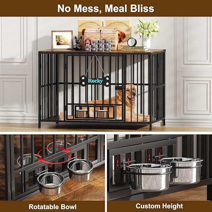 Easycom 43" Dog Crate Furniture Foldable, No Assembly Decorative Dog Kennel Indoor, XL Dog Crates for Large Dogs (60-80 lbs), Wooden Dog Cage with Adjustable Bowls and Name Tag, Rustic Brown