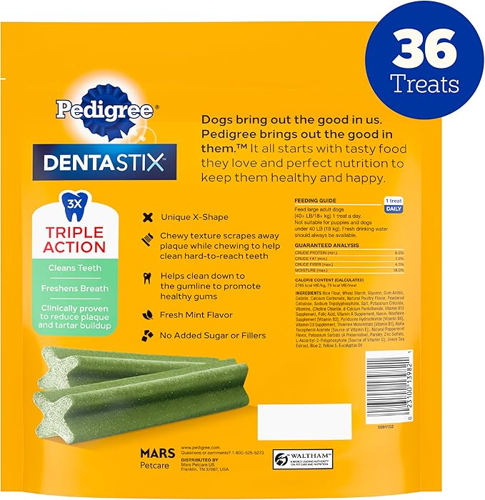 Pedigree Dentastix Large Breed Dog Treats, Fresh Flavor, 1.87 lb. Bag (36 Treats)