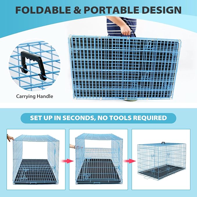 BestPet | Dog Crate | 36" | Blue | Foldable Metal Kennel with Double Doors, Secure Slide-Bolt Latches, Leakproof Tray | Portable Dog Cage for Medium Sized Breeds | for Travel, Indoor & Outdoor Use